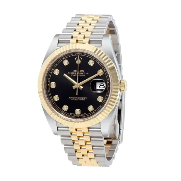 1 rolex datejust 41mm yellow goldsteel black diamond dial fluted bezel jubilee bracelet 126333 1.webp