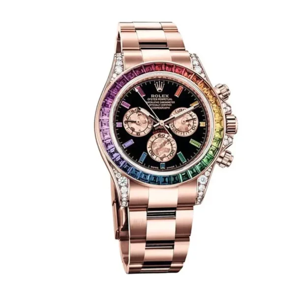 1 rolex daytona cosmograph daytona rainbow colored baguette bezel rose gold oyster mens watch 116505 1.webp