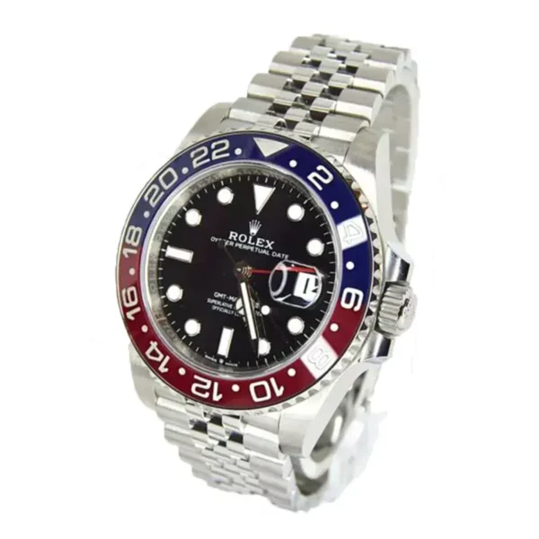 1 rolex gmtmaster ii pepsi steel black dial redblue ceramic bezel jubilee bracelet 126710blro high quality.webp