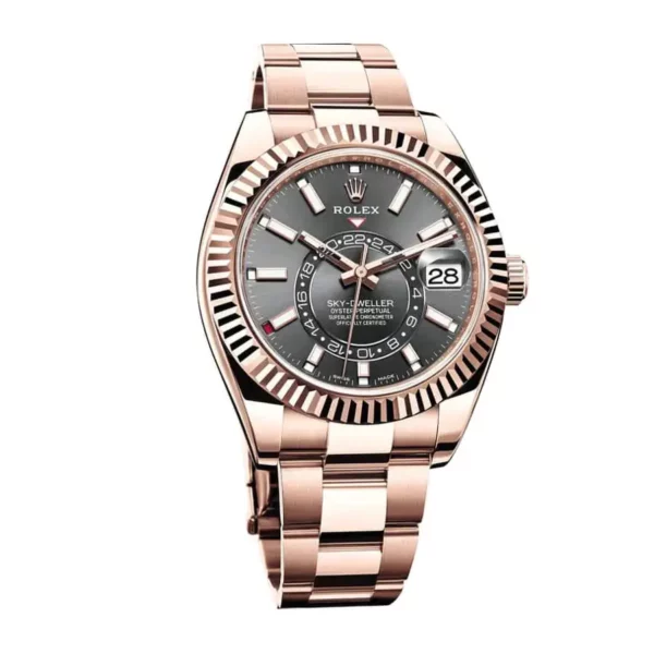 1 rolex skydweller rose gold 42mm dark rhodium index dial fluted bezel oyster bracelet 326935 1.webp