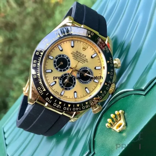 2 rolex daytona yellow gold champagneblack index dial ceramic bezel oysterflex rubber bracelet 116518ln 2.webp