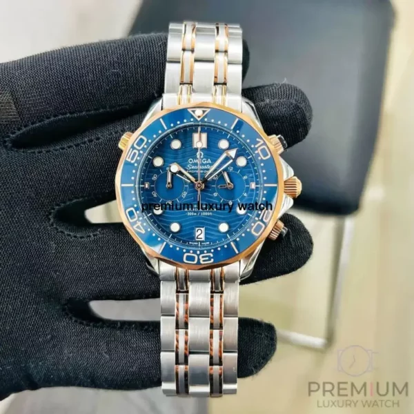 4 omega diver 300m coaxial master chronometer chronograph 44mm blue dial rose gold steel mens watch 1.webp