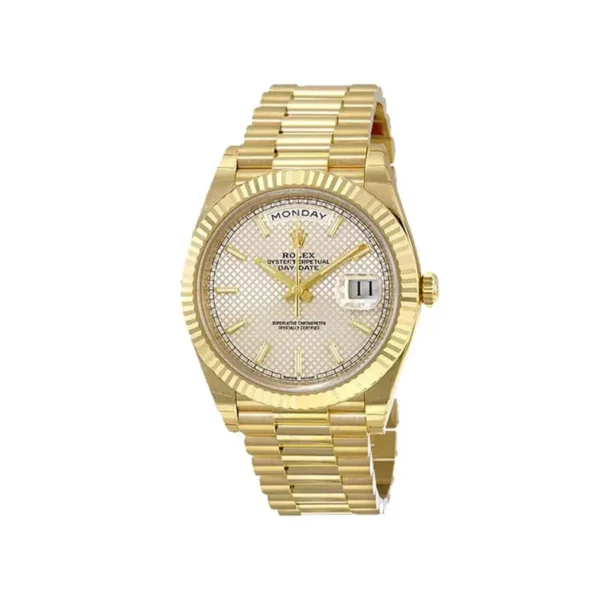 4 rolex daydate 40mm yellow gold silver diagonal motif index dial fluted bezel president bracelet 228238 1.webp