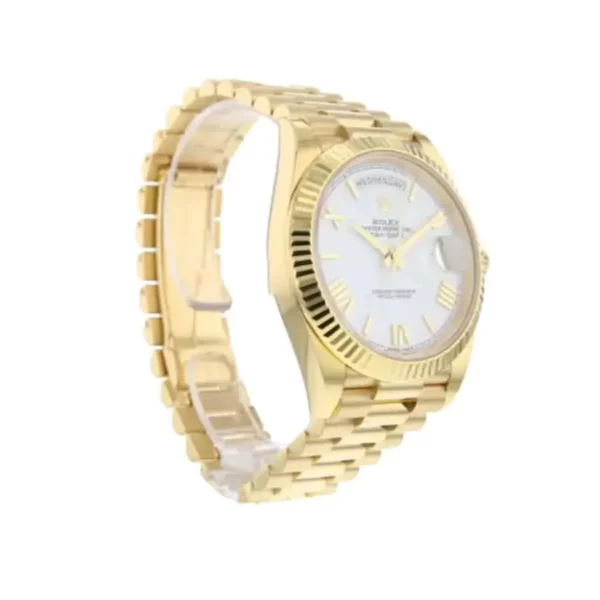 4 rolex daydate 40mm yellow gold silver roman dial fluted bezel president bracelet 228238 1.webp