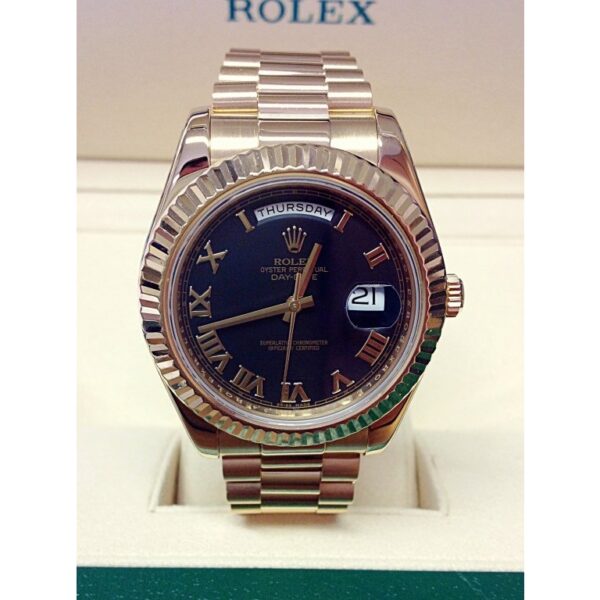 4 rolex daydate 41mm black roman dial fluted bezel president bracelet yellow gold watch 228238 1.jpg