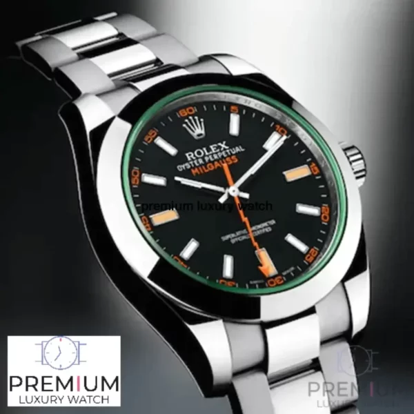 4 rolex milgauss green crystal stainless steel black dial smooth bezel oyster bracelet 116400gv 1.webp