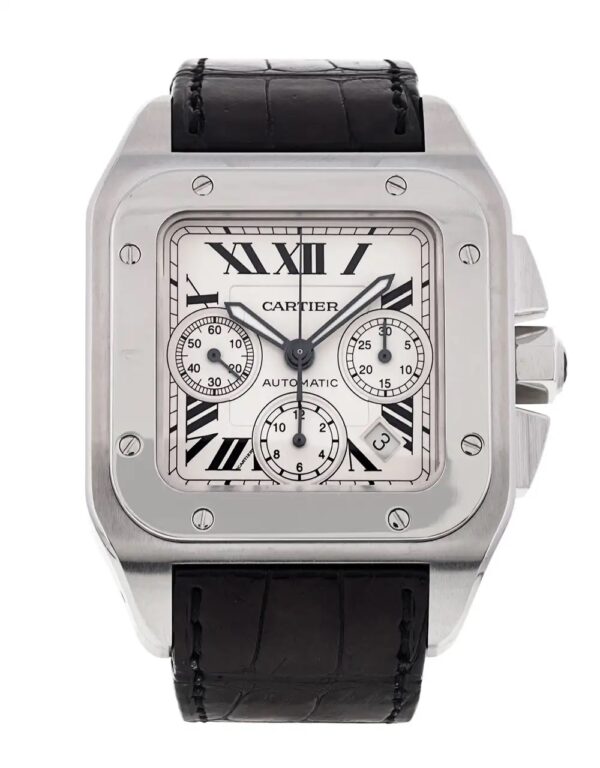 Cartier Santos 100Xl Chronograph Large White Dial Leather Belt Mens Watch 1 1.jpg