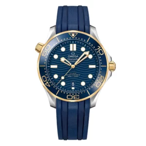 Omega Seamaster 300M Coaxial Master Chronometer Ceramic Blue Gold Dial On Rubber Strap Automatic Mens Watch.webp