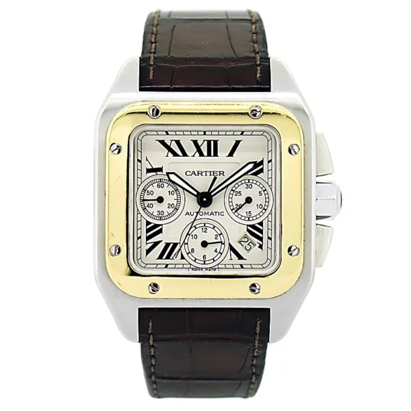 cartier santos 100xl chronograph large white dial two tone leather belt mens watch 1 1.webp