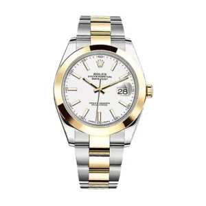 rolex datejust 41mm yellow goldsteel white index dial smooth bezel oyster bracelet 126303 replica knz4o.webp