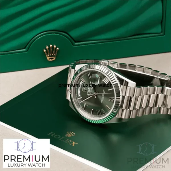 rolex day date 40 olive green roman dial fluted bezel white gold president automatic mens watch 228239 replica kxbif.webp