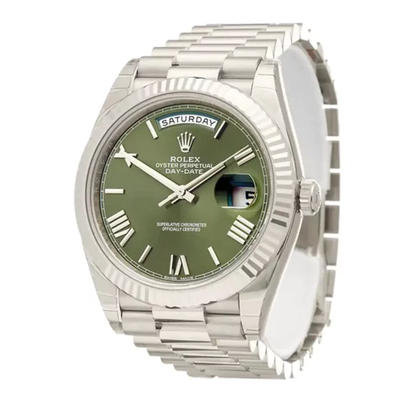 rolex day date 40 olive green roman dial fluted bezel white gold president automatic mens watch 228239 replica nrbdx.webp