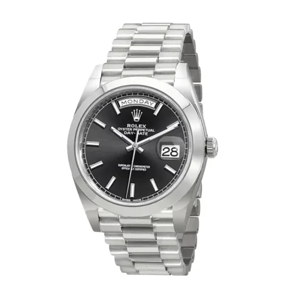 rolex day date 40mm platinum black diamond dial smooth bezel president bracelet 228206 replica vdhl2.webp