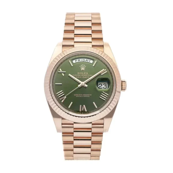 rolex day date 40mm president rose gold fluted bezel green roman dial mens watch 1.webp