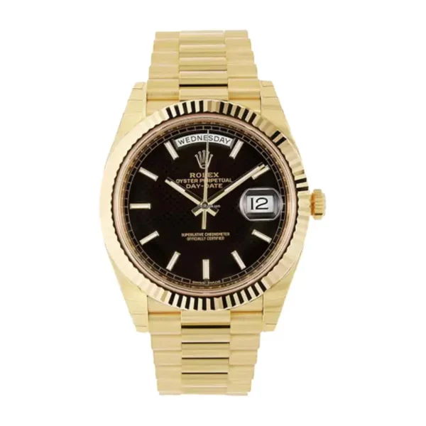 rolex day date 40mm yellow gold black diagonal motif index dial fluted bezel president bracelet 228238 replica jvkxx.webp