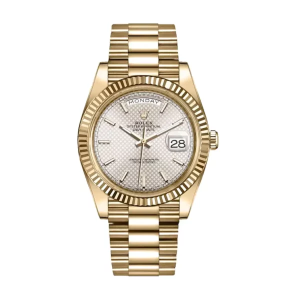 rolex day date 40mm yellow gold silver diagonal motif index dial fluted bezel president bracelet 228238 replica wgdin.webp