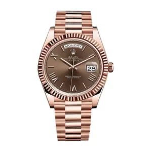 rolex day date 41mm president rose gold fluted bezel chocolate roman dial mens watch 228235 1 1.webp