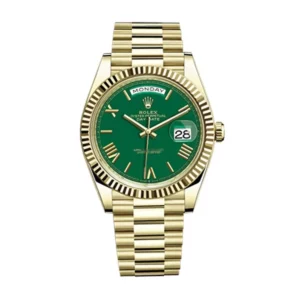 rolex day date 41mm president yellow gold fluted bezel green roman dial mens watch replica krjpv.webp