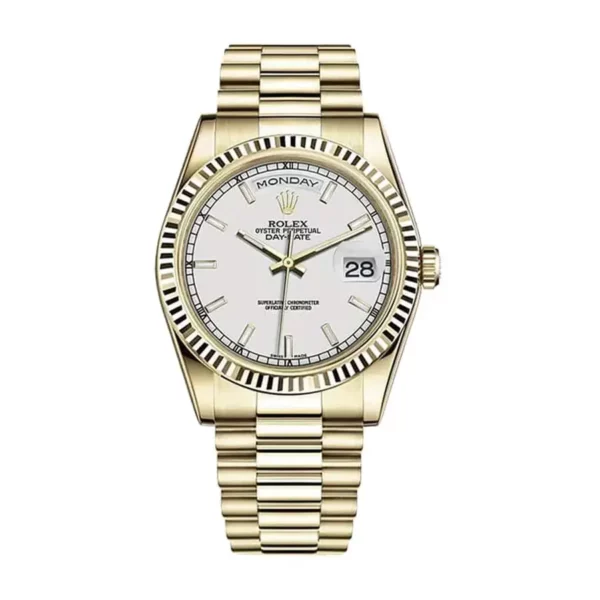 rolex day date 41mm yellow gold white index dial fluted bezel president bracelet 118238 replica w6lk4.webp