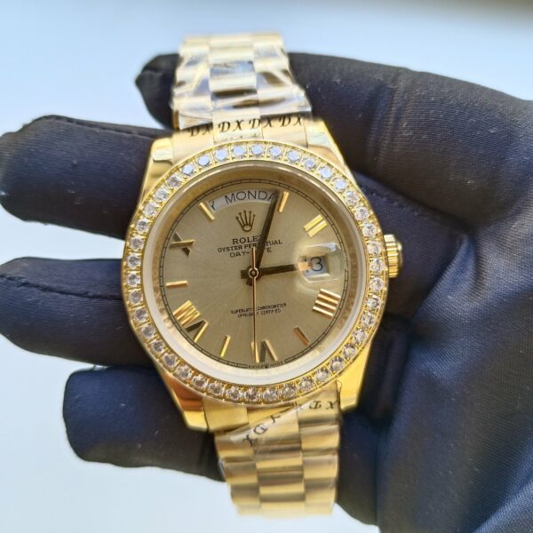 rolex day date ii yellow gold champagne diamond 41mm roman dial diamond bezel president bracelet watch replica nyalk.jpg