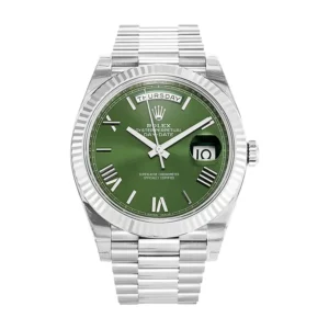 rolex daydate 40 olive green roman dial fluted bezel white gold president automatic mens watch 228239 1.webp