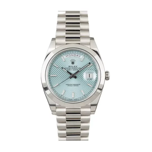 rolex daydate 40mm ice blue diagonal dome bezel president automatic mens watch 228206 1.webp