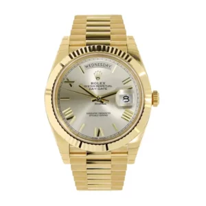 rolex daydate 40mm yellow gold silver roman dial fluted bezel president bracelet 228238 1.webp