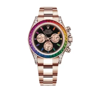 rolex daytona cosmograph daytona rainbow colored baguette bezel rose gold oyster mens watch 116505 1.webp