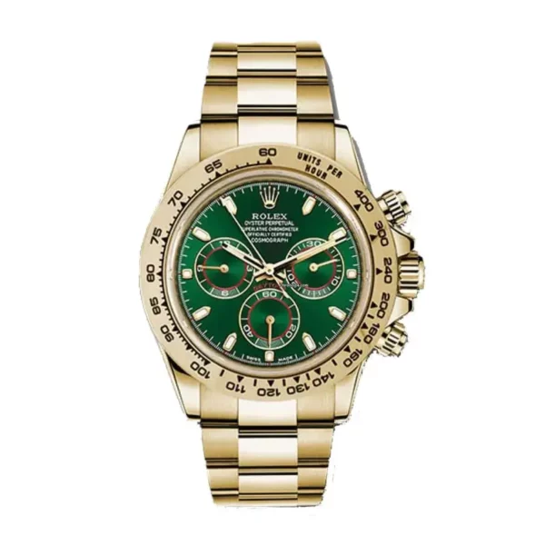 rolex daytona yellow gold 40mm green index dial yellow gold bezel oyster bracelet 116508 1.webp