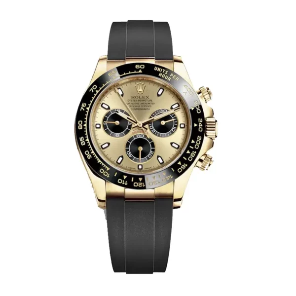 rolex daytona yellow gold champagneblack index dial ceramic bezel oysterflex rubber bracelet 116518ln replica ijthu.webp