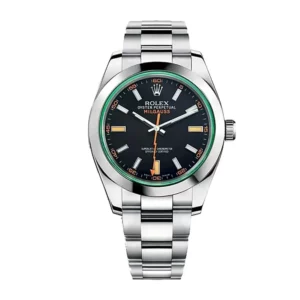 rolex milgauss green crystal stainless steel black dial smooth bezel oyster bracelet 116400gv 1.webp