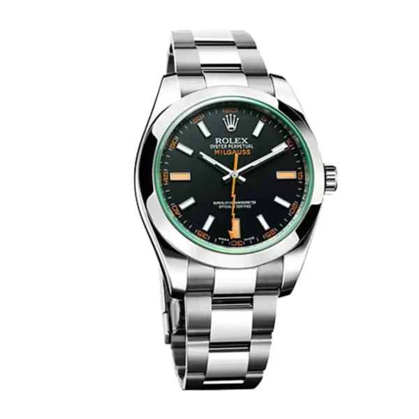 rolex milgauss green crystal stainless steel black dial smooth bezel oyster bracelet 116400gv replica iagmq.webp