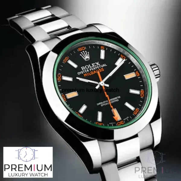 rolex milgauss green crystal stainless steel black dial smooth bezel oyster bracelet 116400gv replica jtjnv.webp