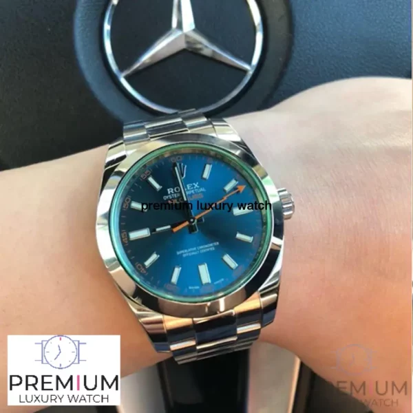 rolex milgauss green crystal stainless steel blue dial bezel oyster bracelet 116400gv replica kq6ta.webp