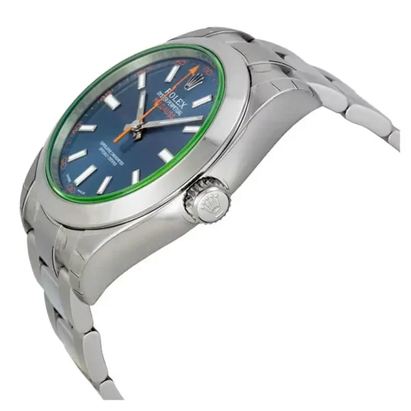 rolex milgauss green crystal stainless steel blue dial bezel oyster bracelet 116400gv replica mfax3.webp