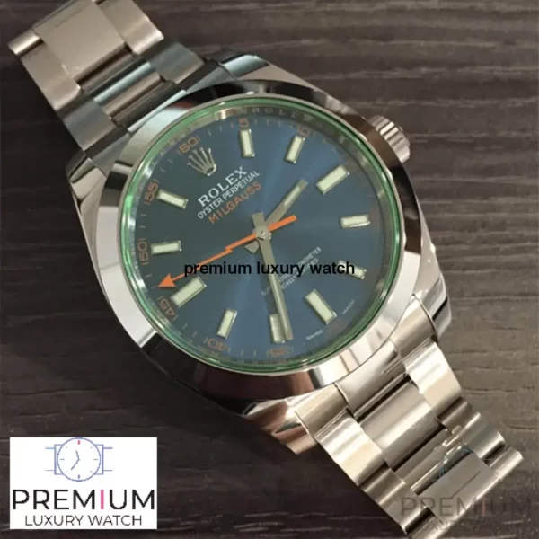 rolex milgauss green crystal stainless steel blue dial bezel oyster bracelet 116400gv replica rzftq.webp