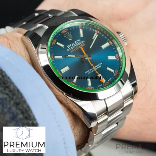 rolex milgauss green crystal stainless steel blue dial bezel oyster bracelet 116400gv replica tapk4.webp