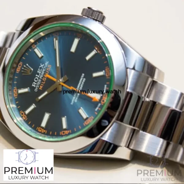 rolex milgauss green crystal stainless steel blue dial bezel oyster bracelet 116400gv replica torxq.webp