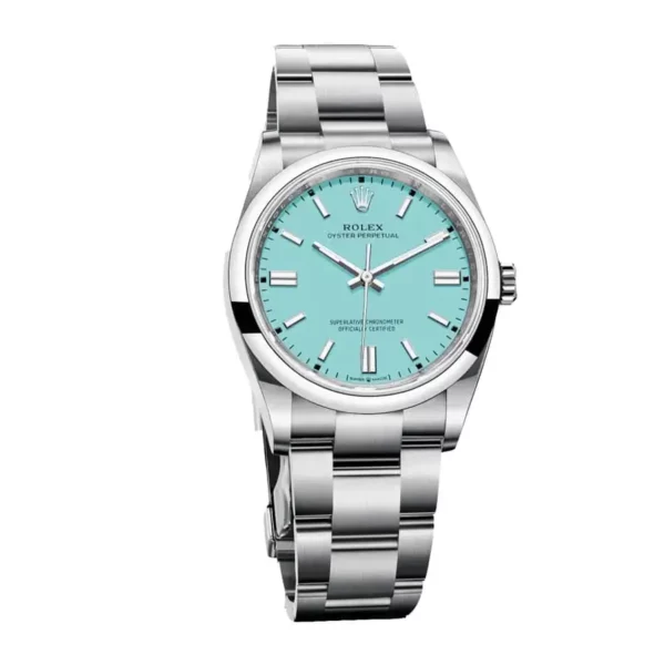 rolex oyster perpetual 36mm stainless steel turquoise index dial smooth domed bezel oyster bracelet 126000 replica kxcbi.webp