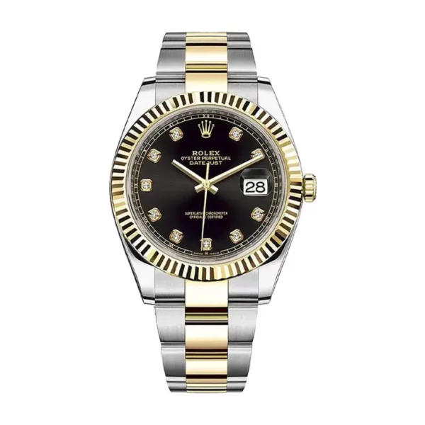 rolex oyster perpetual datejust 41mm watch black dial set with diamonds two tone oyster bracelet fluted bezel 126333 replica eb7dm.webp