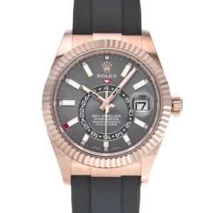 rolex sky dweller automatic mens 42mm rose gold black dial rubber strap 326235 watch replica anfxr.webp