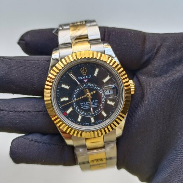 rolex sky dweller black dial yellow gold bezel two tone oyster mens watch 326933 replica kxujn.jpg