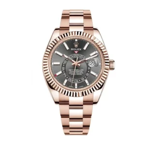 rolex sky dweller rose gold 42mm dark rhodium index dial fluted bezel oyster bracelet 326935 replica t78hm.webp