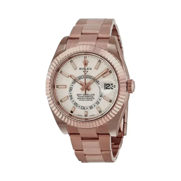 rolex sky dweller rose gold white index dial fluted bezel oyster bracelet 326935 replica dbluy.webp