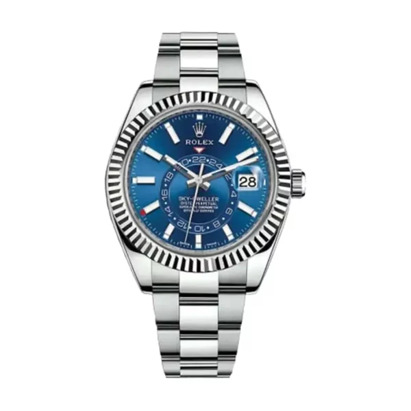 rolex sky dweller stainless steel 42mm blue index dial fluted white gold bezel oyster bracelet 326934 replica tvanb.webp