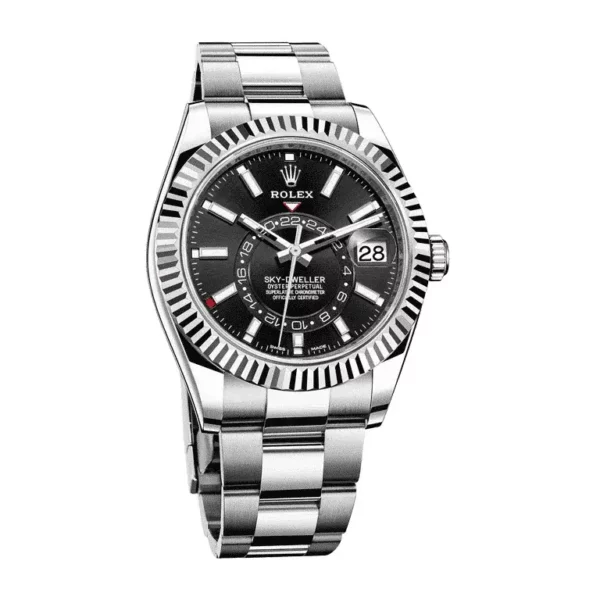 rolex skydweller stainless steel 42mm black index dial fluted white gold bezel oyster bracelet 326934 1.webp