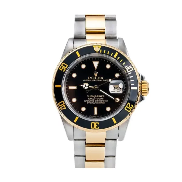 rolex submariner date yellow gold 40mm steel black dial ceramic bezel oyster bracelet 116613ln replica feleq.webp