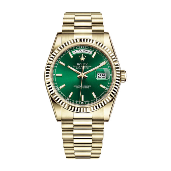 rolex yellow gold day date 41mm watch fluted bezel green index dial president bracelet replica ldjy4.jpg